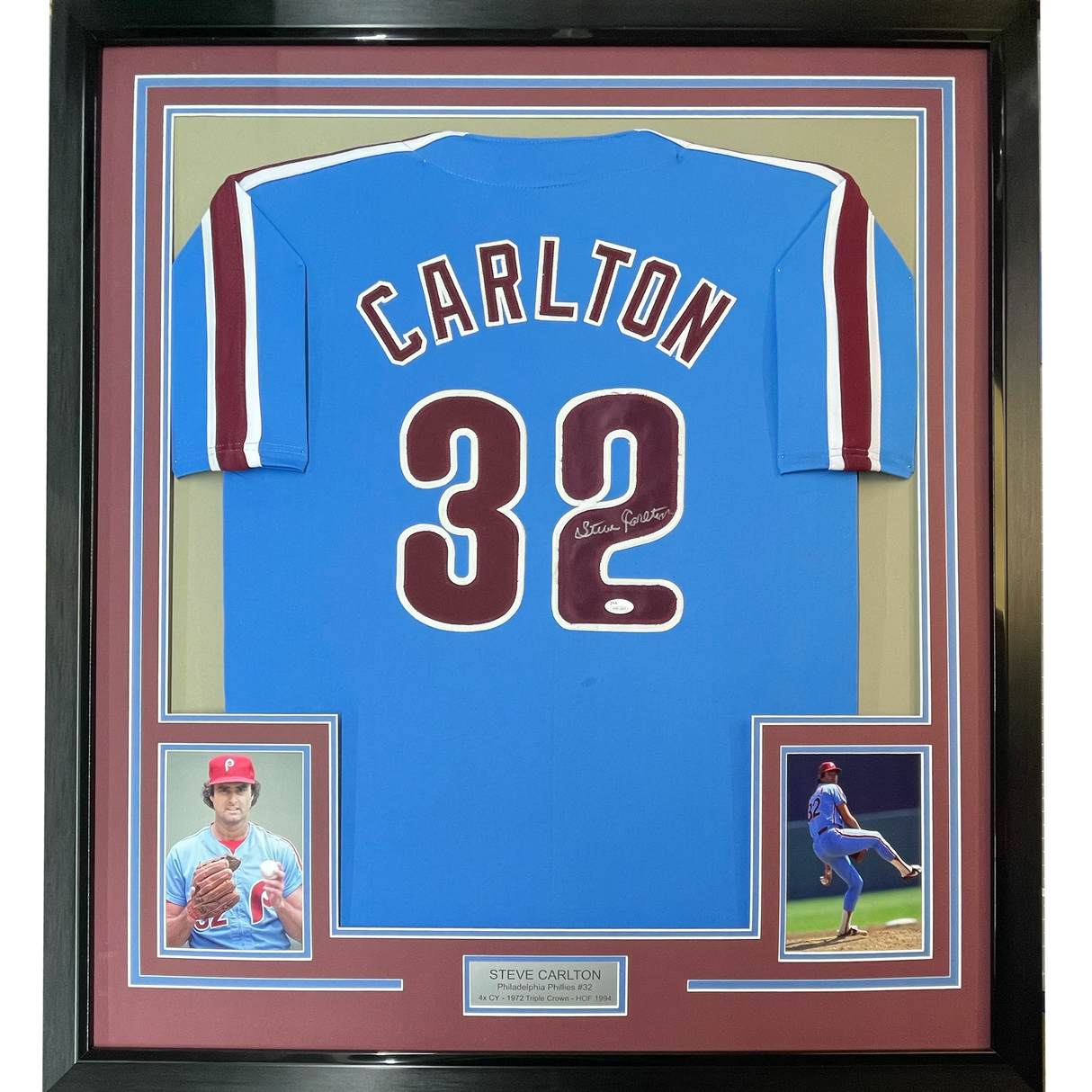 Framed Autographed/Signed Steve Carlton 35x39 Philadelphia Retro Blue Baseball Jersey JSA COA