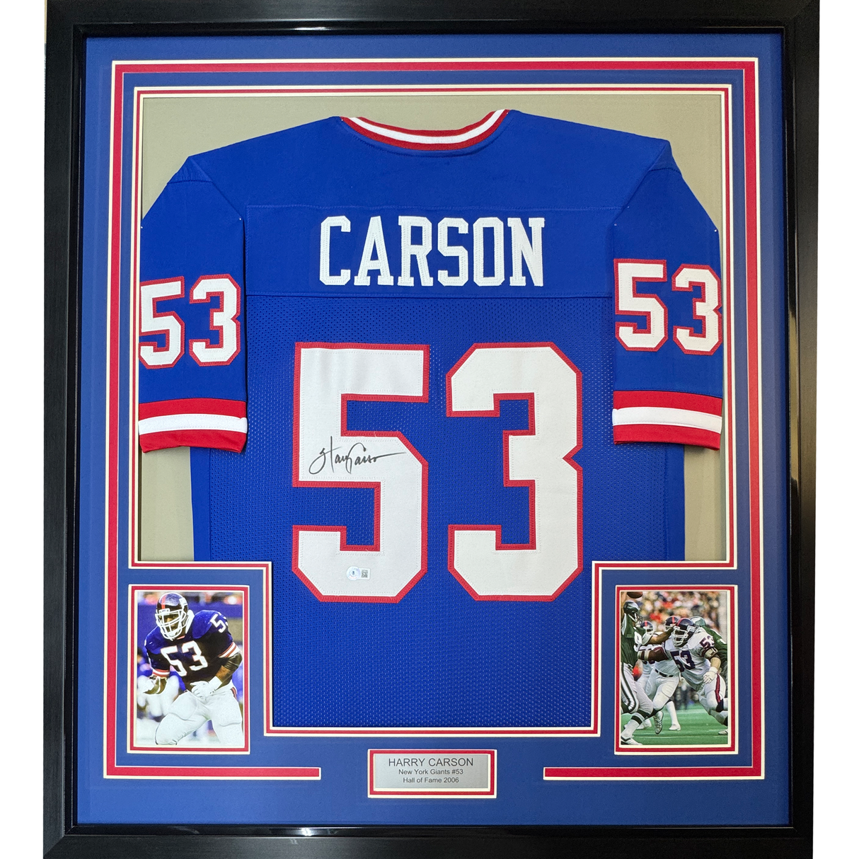 Camiseta de fútbol azul de Nueva York Beckett BAS COA enmarcada, autografiada y firmada por Harry Carson, 35 x 39