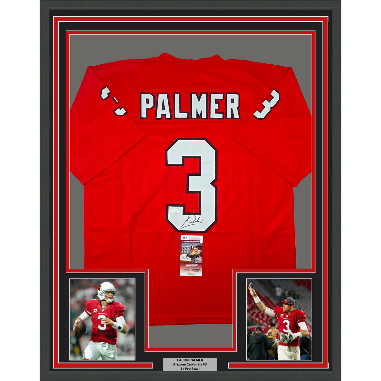 Camiseta de fútbol americano enmarcada, autografiada y firmada por Carson Palmer, 35 x 39, color rojo de Arizona, JSA COA