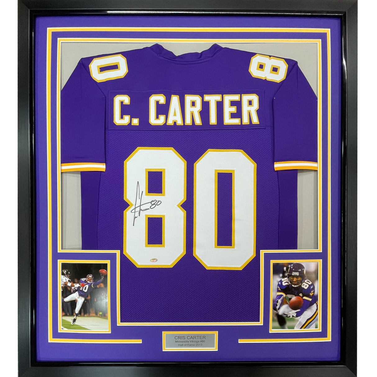 Camiseta de fútbol morado de Minnesota de 35 x 39, enmarcada y autografiada de Cris Carter (JSA COA)
