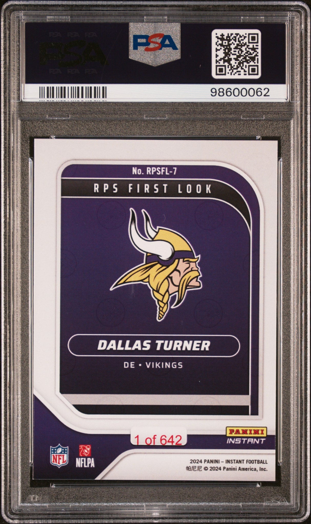Tarjeta de fútbol americano de primera vista de Dallas Turner de la NFL, clasificada en 2024, número RPSFL7, PSA 9 Mint