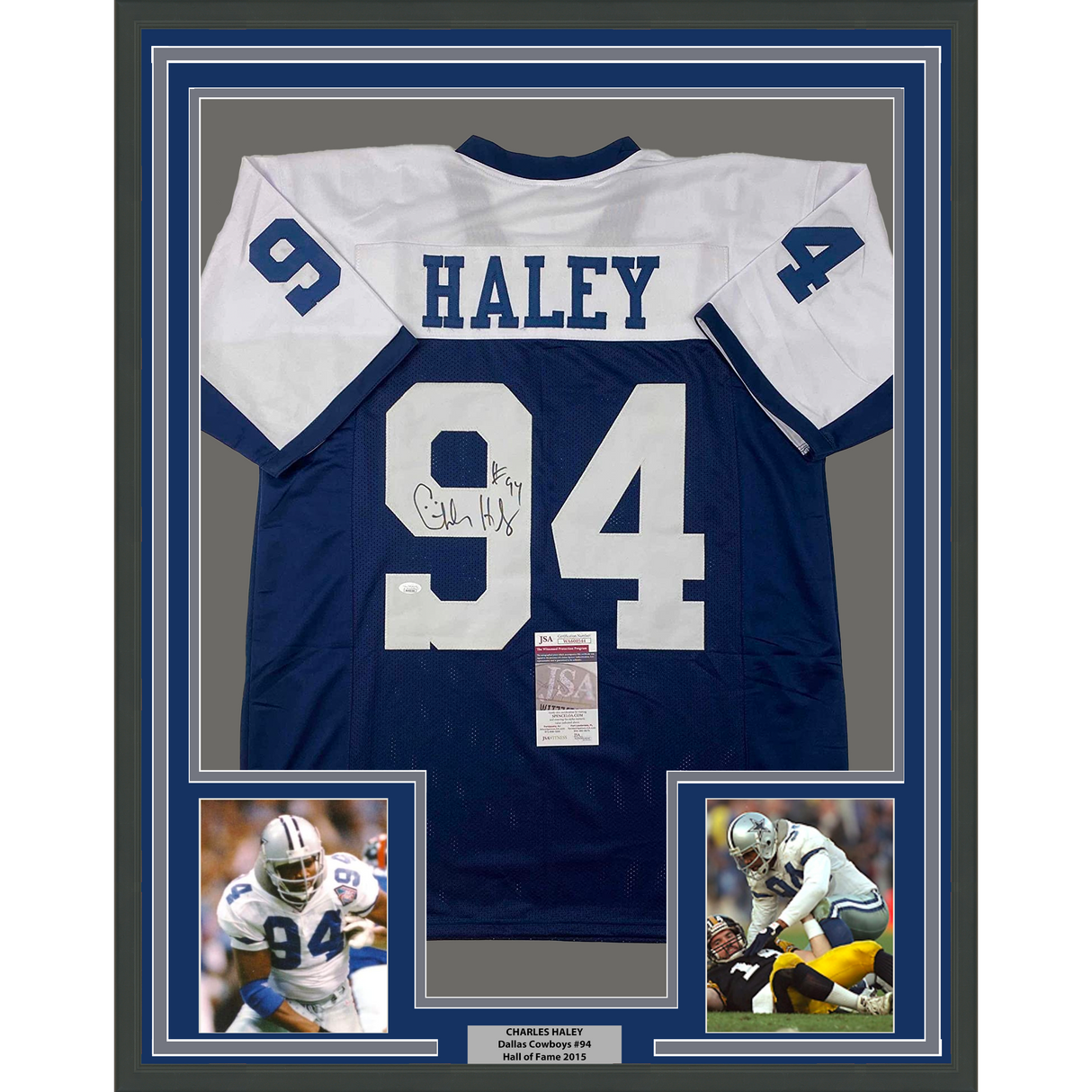 Framed Autographed/Signed Charles Haley 35x39 Dallas Thanksgiving Day Football Jersey JSA COA