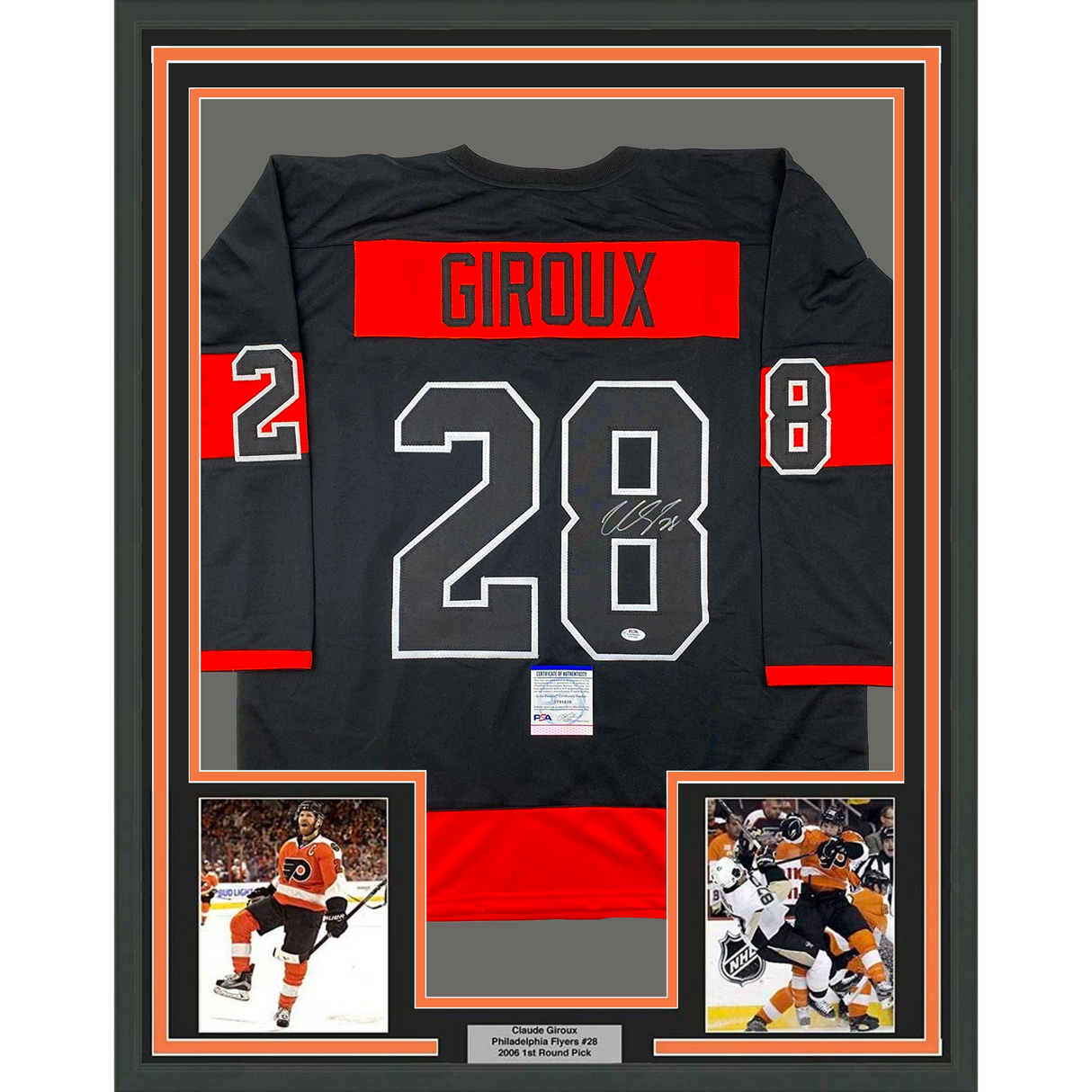 Camiseta de hockey negra de Filadelfia, enmarcada, autografiada y firmada por Claude Giroux, 35 x 39, con certificado de autenticidad (PSA/DNA)