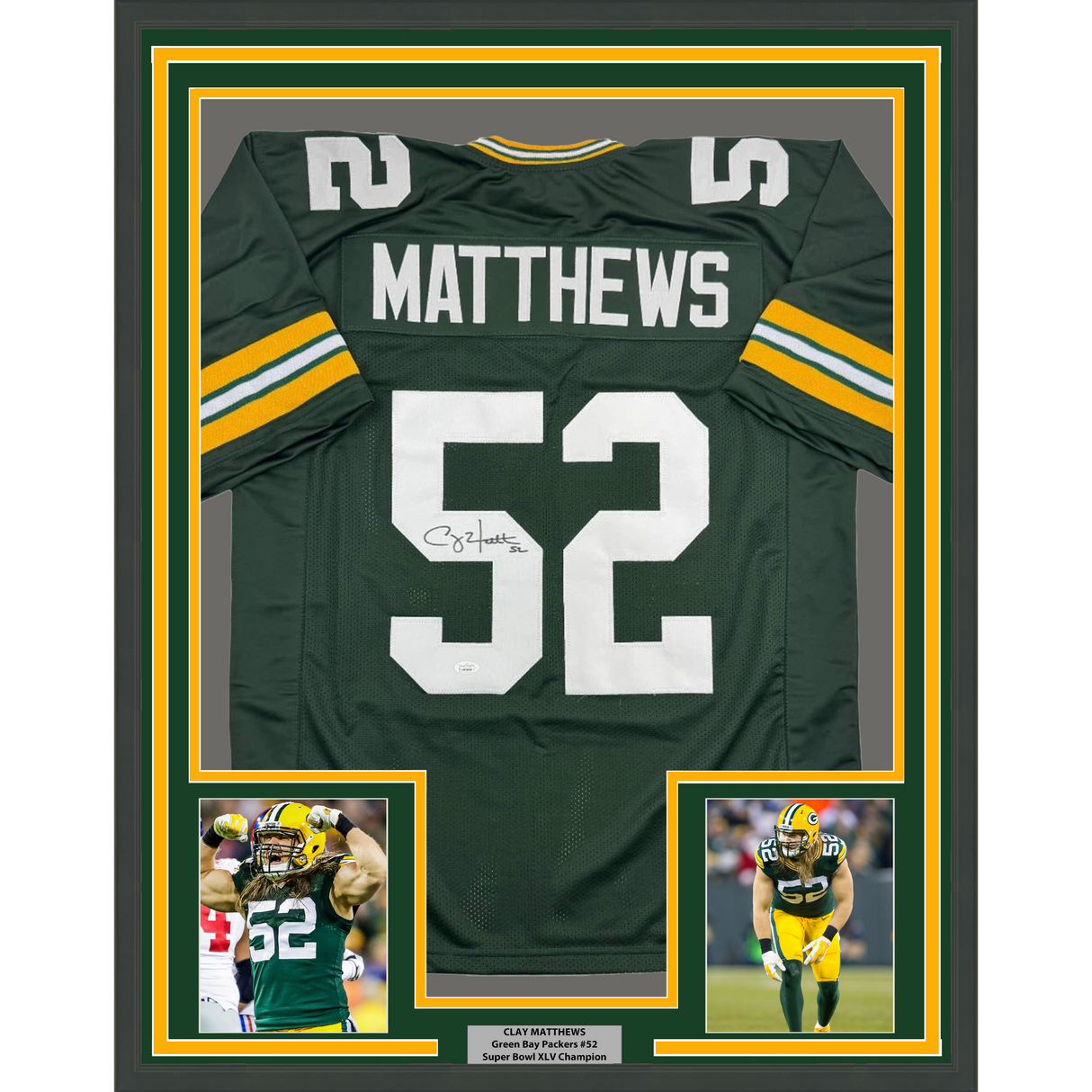 Framed Autographed/Signed Clay Matthews 35x39 Green Bay Green Football Jersey JSA COA
