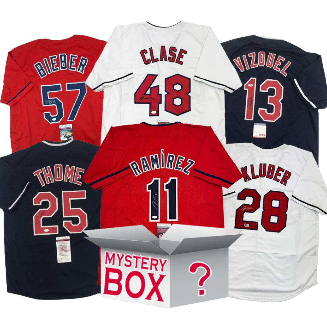 Caja misteriosa de camisetas de béisbol de Cleveland autografiadas/firmadas con PSA JSA o Beckett COA 