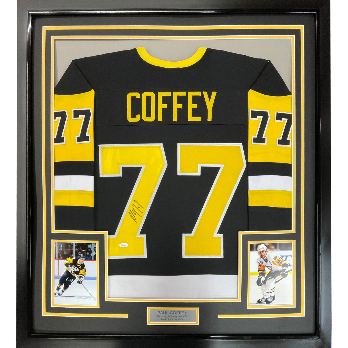 Camiseta de hockey negra de Pittsburgh de 35 x 39, enmarcada, autografiada y firmada por Paul Coffey (JSA COA)