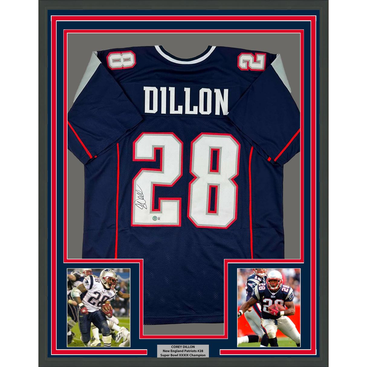 Camiseta de fútbol azul de Nueva Inglaterra Beckett BAS COA enmarcada, autografiada y firmada por Corey Dillon, 35 x 39