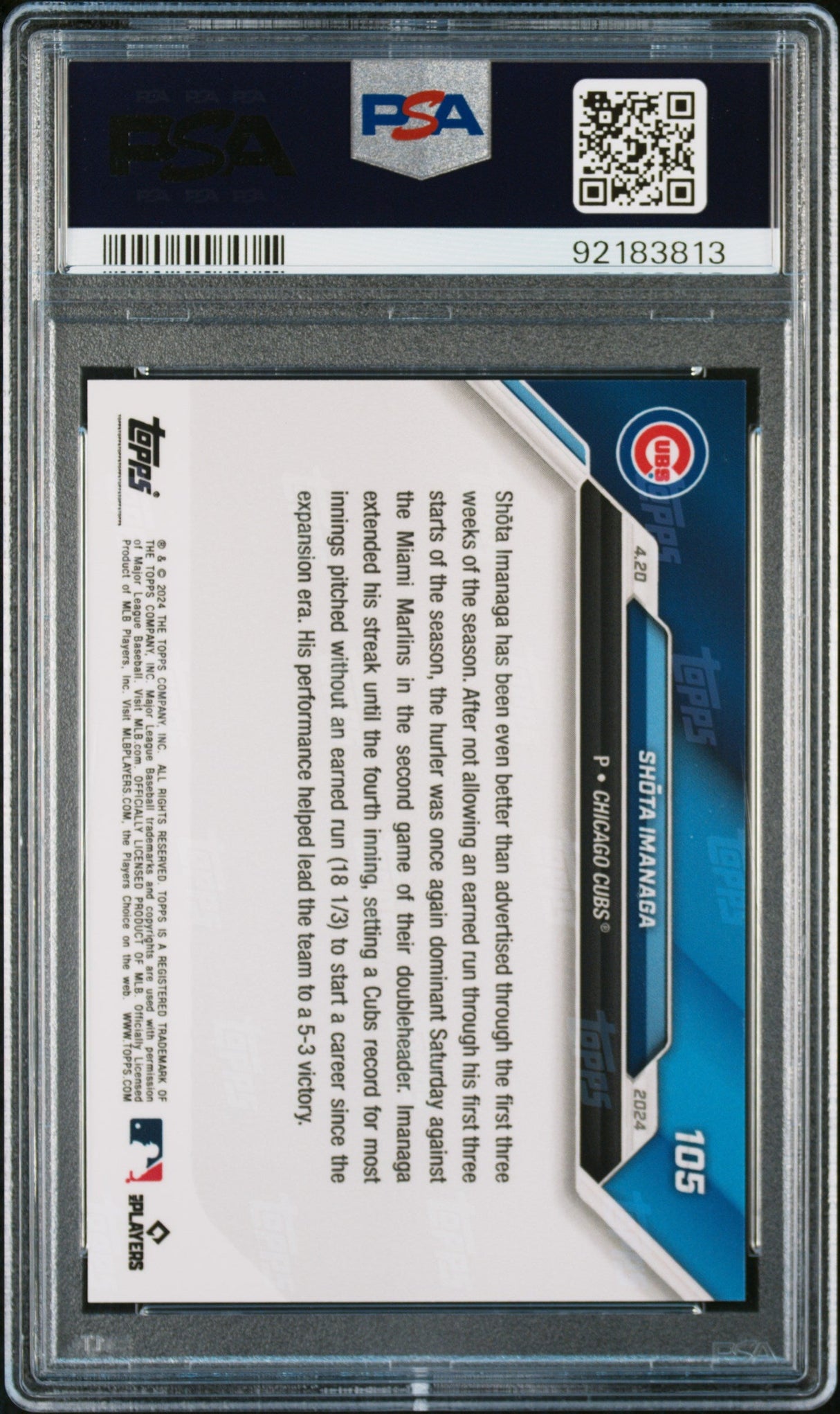 Tarjeta de béisbol Shota Imanaga #105 Rookie RC de Topps Now, calificada en 2024, PSA 10 Gem Mint