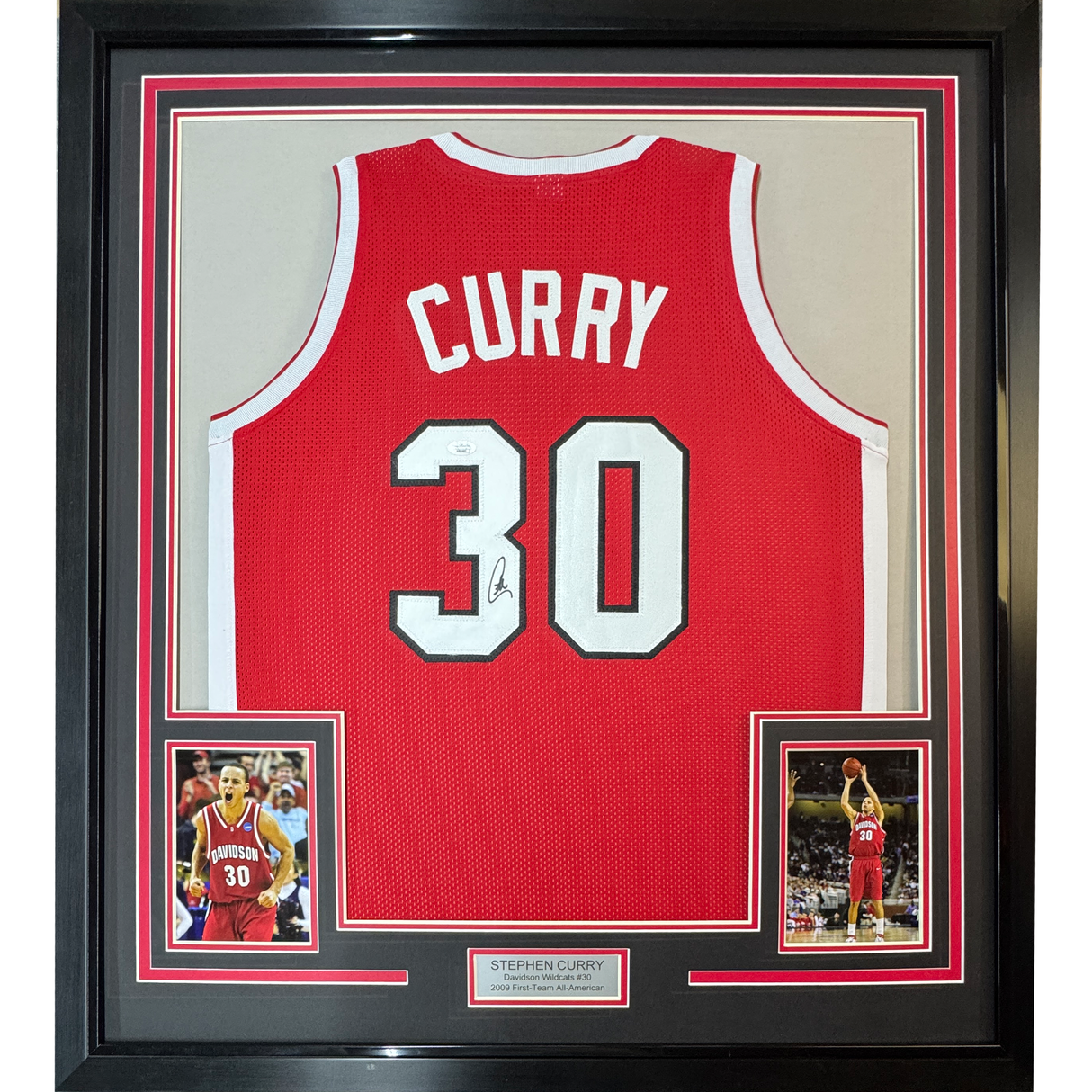 Camiseta de baloncesto universitaria enmarcada, autografiada y firmada por Stephen Curry, 35 x 39, Davidson Wildcats, color rojo, JSA COA