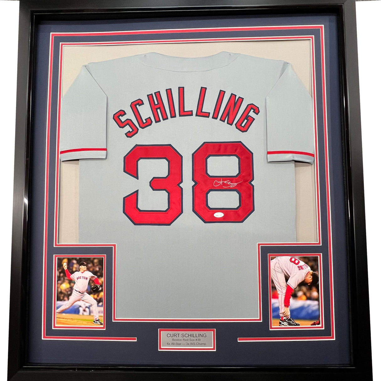 Camiseta de béisbol enmarcada, autografiada y firmada por Curt Schilling, 35 x 39, color gris Boston, JSA COA