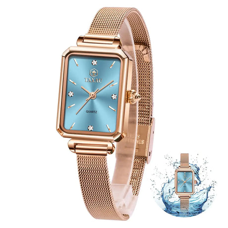 Taxau Womens Watches Square Watch Women Blue Watches for Women Luxury Dainty Dress Womens Wrist Watches Waterproof Stainless Steel Women Analog Watch Women Watch Rose Gold Mesh Female Watch - Lootquake