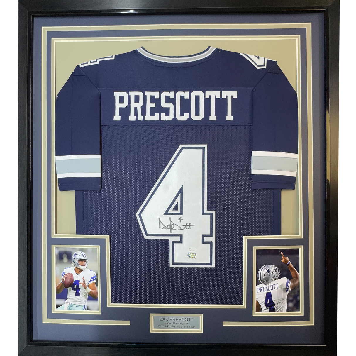 Camiseta de fútbol azul oscuro de Dallas de Dak Prescott, enmarcada, autografiada y firmada, 35 x 39, JSA COA