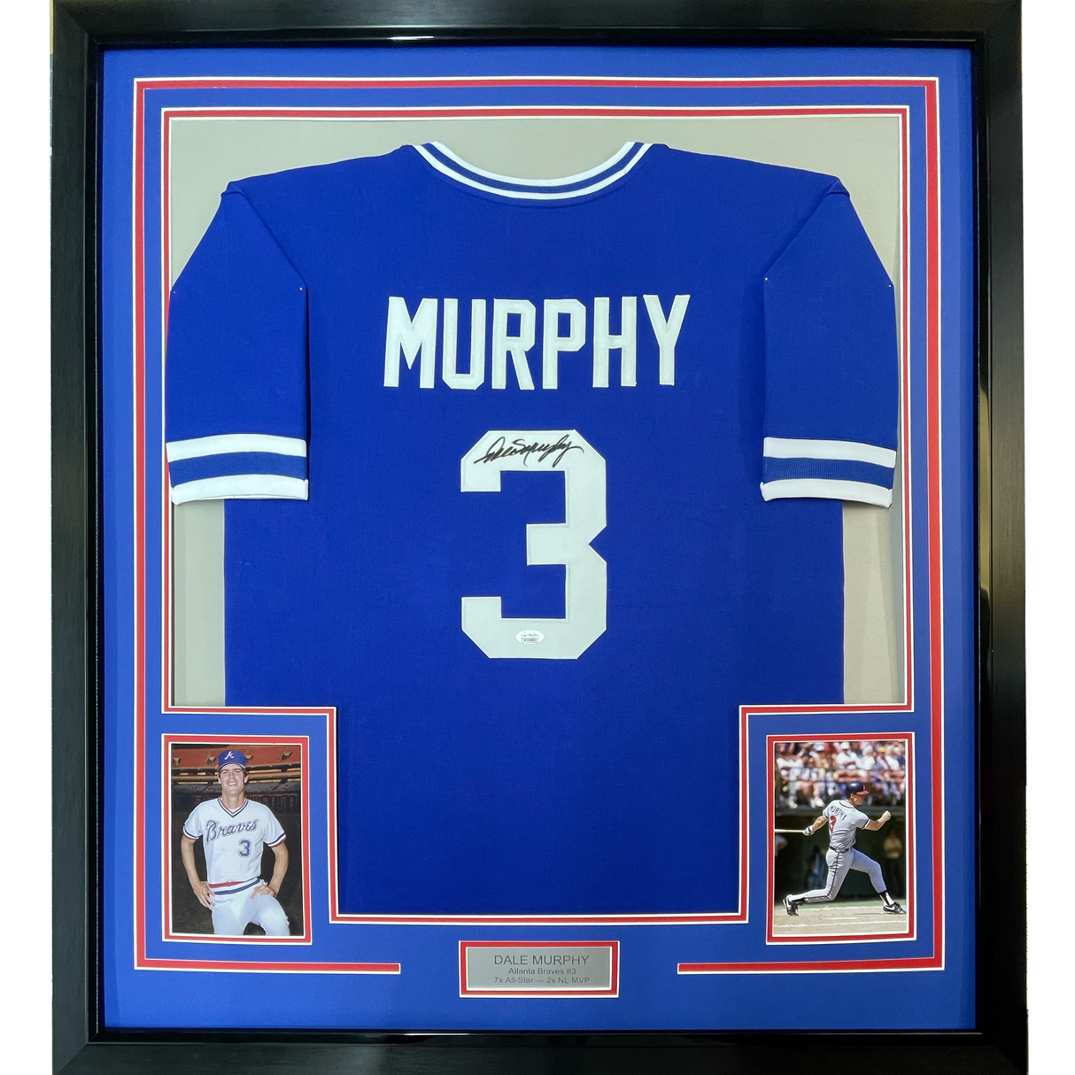 Camiseta de béisbol azul oscuro de Atlanta, enmarcada, autografiada y firmada por Dale Murphy, 35 x 39, JSA COA
