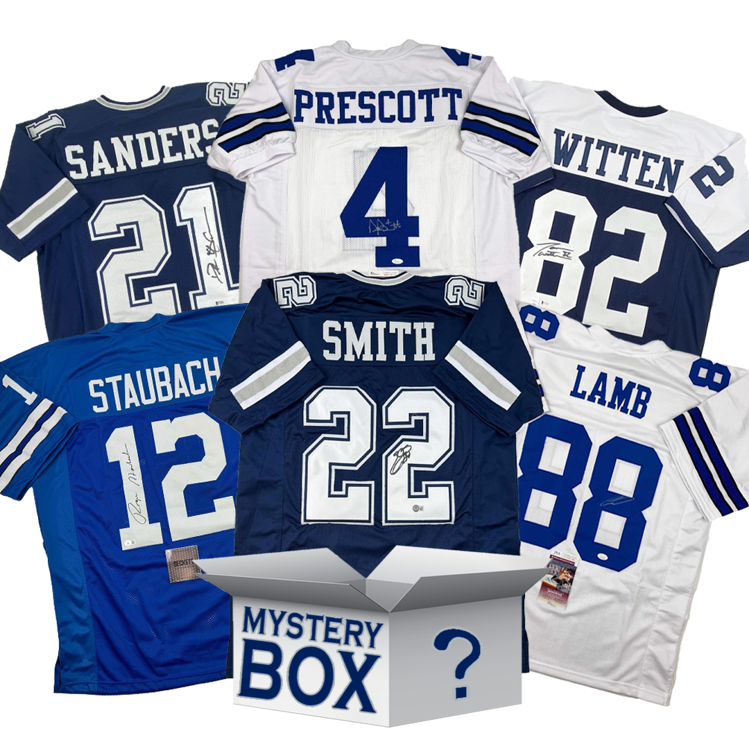 Caja misteriosa de camisetas de fútbol de Dallas autografiadas/firmadas con PSA JSA o Beckett COA 