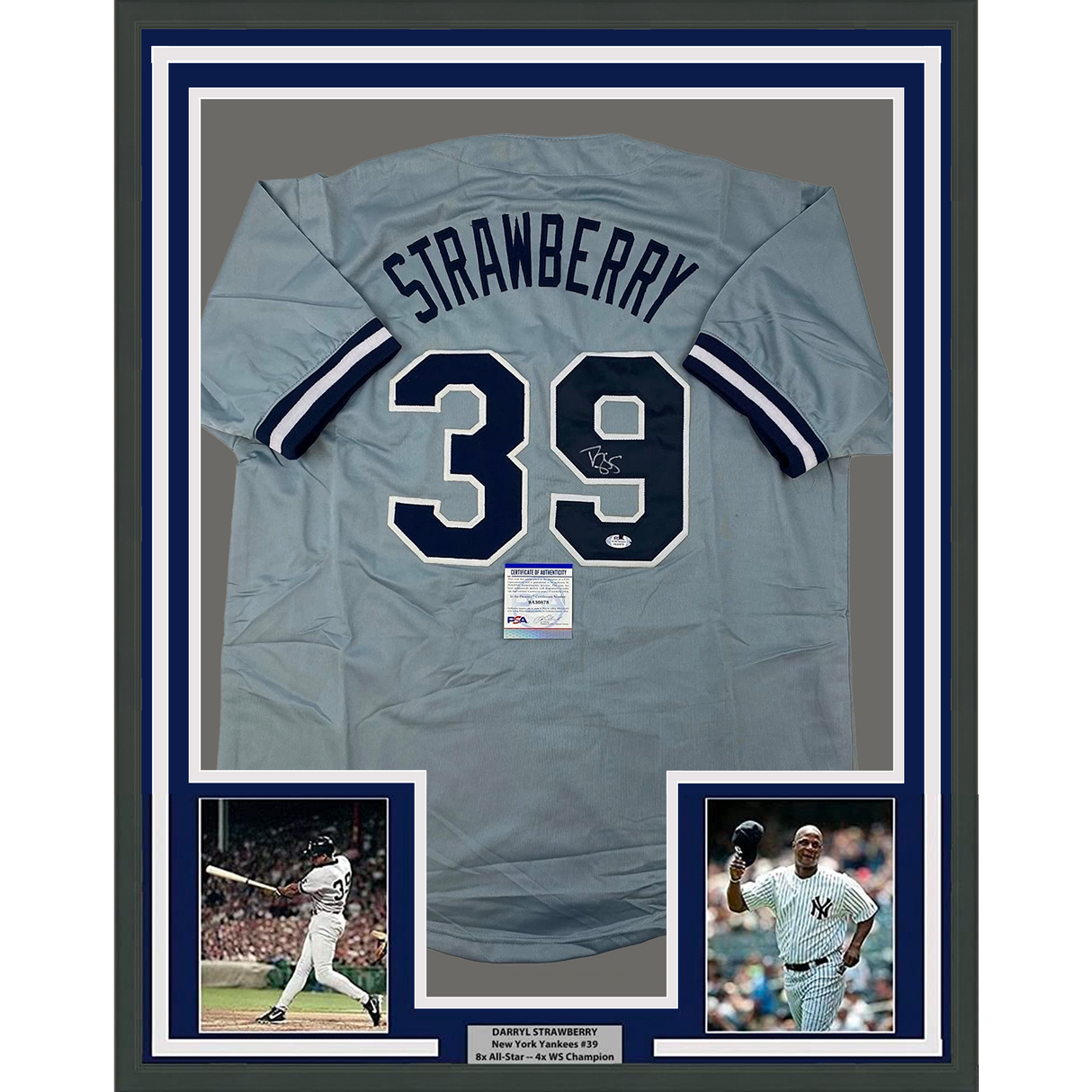 Camiseta de béisbol gris de Nueva York de 35 x 39, enmarcada, autografiada y firmada por Darryl Strawberry. PSA/Certificado de ADN.
