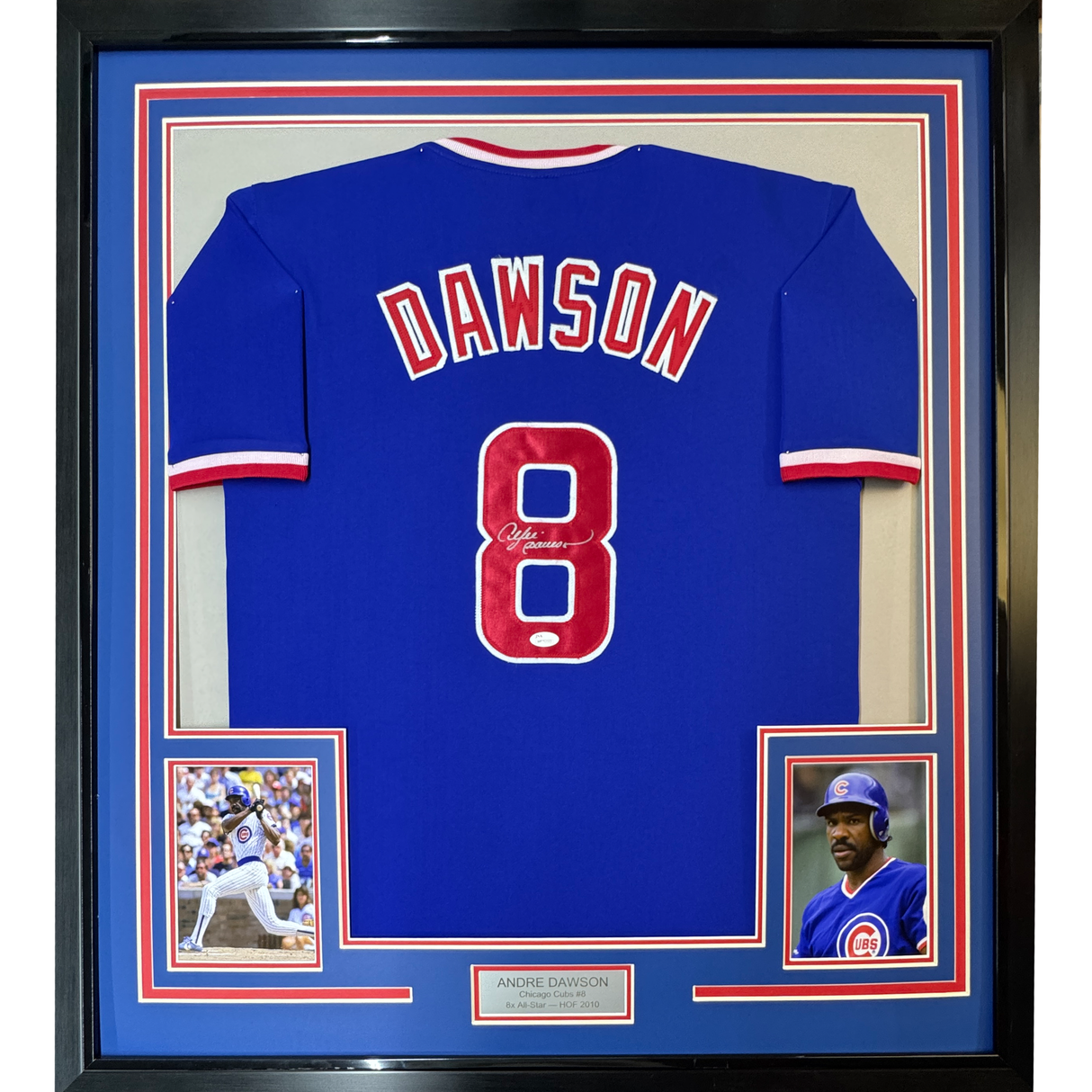 Camiseta de béisbol azul Chicago de 35 x 39, enmarcada, autografiada y firmada por Andre Dawson (JSA COA)