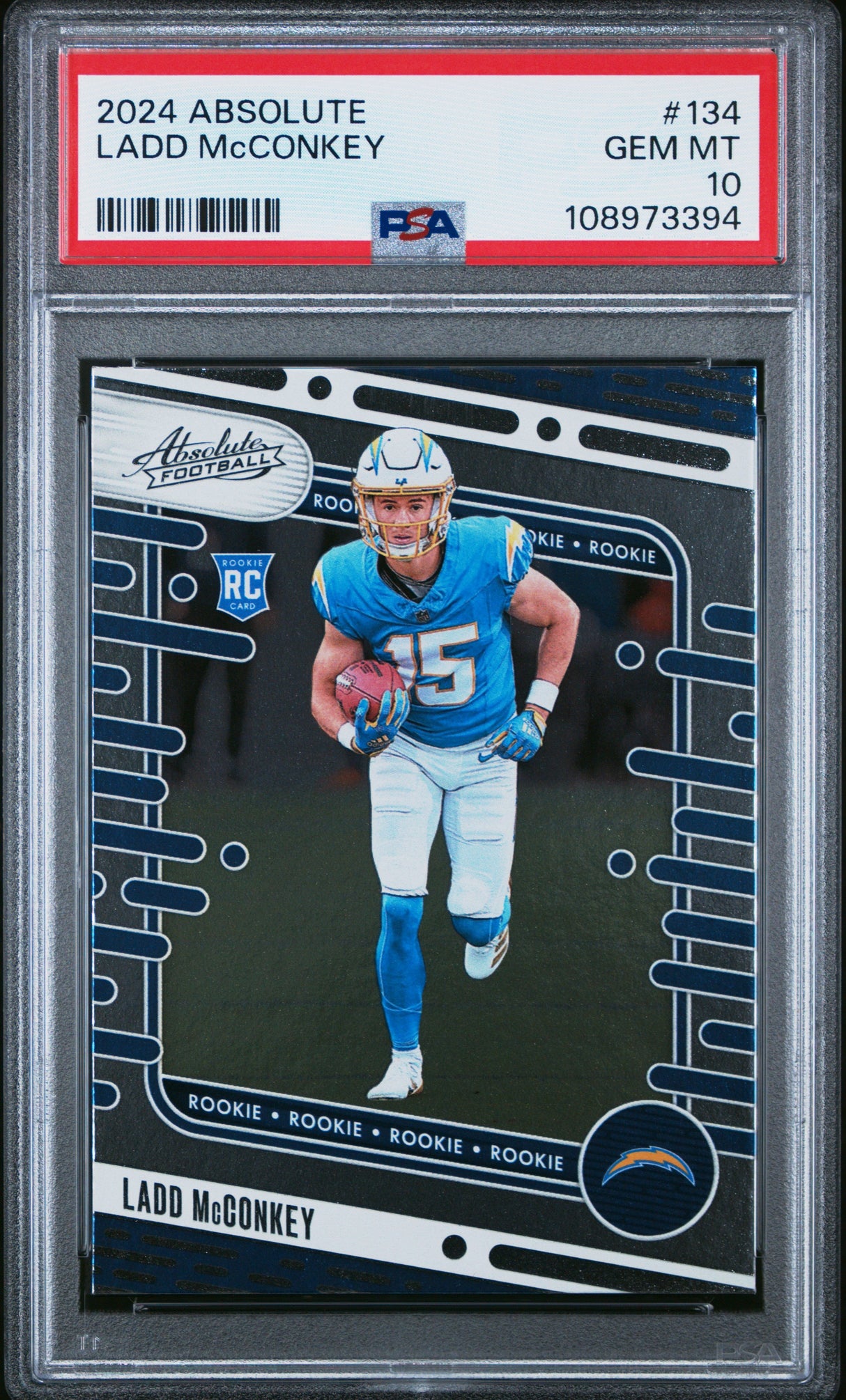 Tarjeta de fútbol RC Ladd McConkey n.° 134 de novato Panini Absolute 2024, PSA 10 Gem Mint