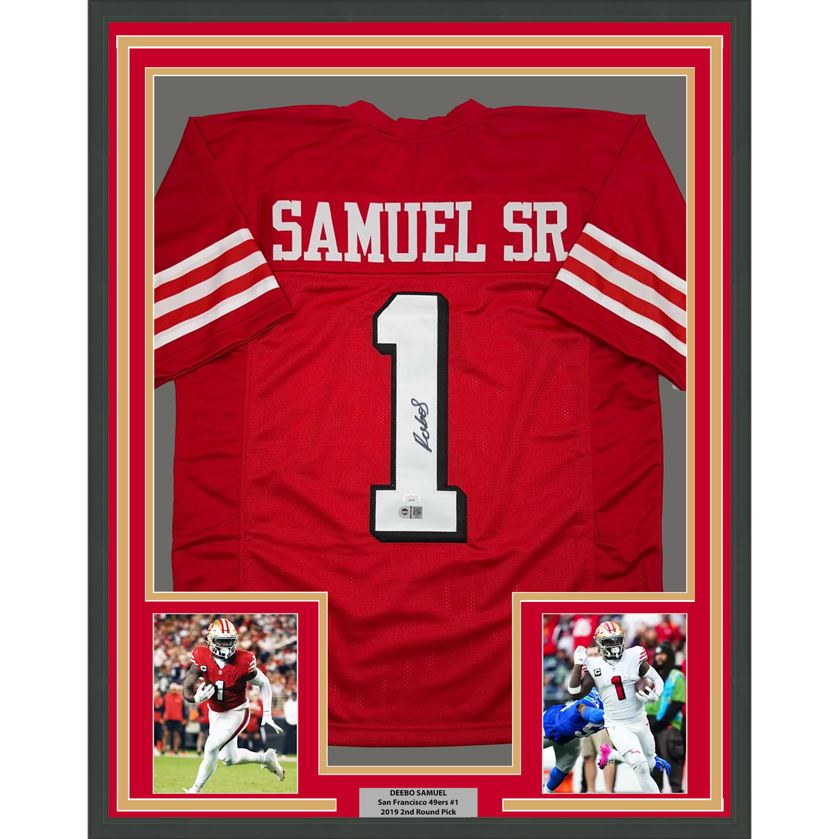 Camiseta de fútbol alternativa enmarcada, autografiada y firmada por Deebo Samuel, 35 x 39, color rojo de San Francisco, JSA COA