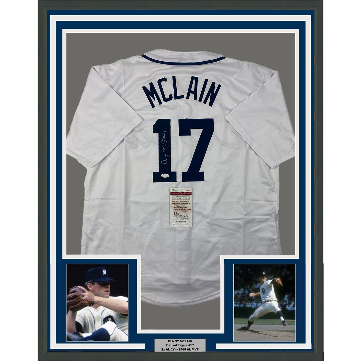 Camiseta de béisbol blanca de Detroit de 35 x 39, enmarcada, autografiada y firmada por Denny McLain (JSA COA)