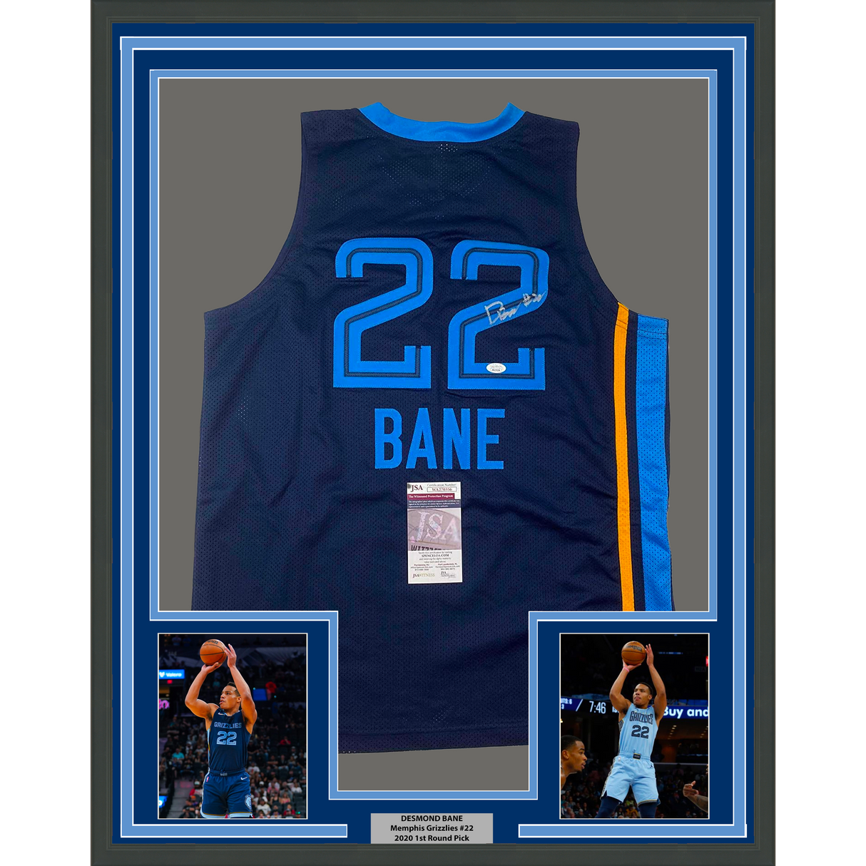 Camiseta de baloncesto azul oscuro de Memphis de Desmond Bane, enmarcada, autografiada y firmada, 35 x 39, JSA COA
