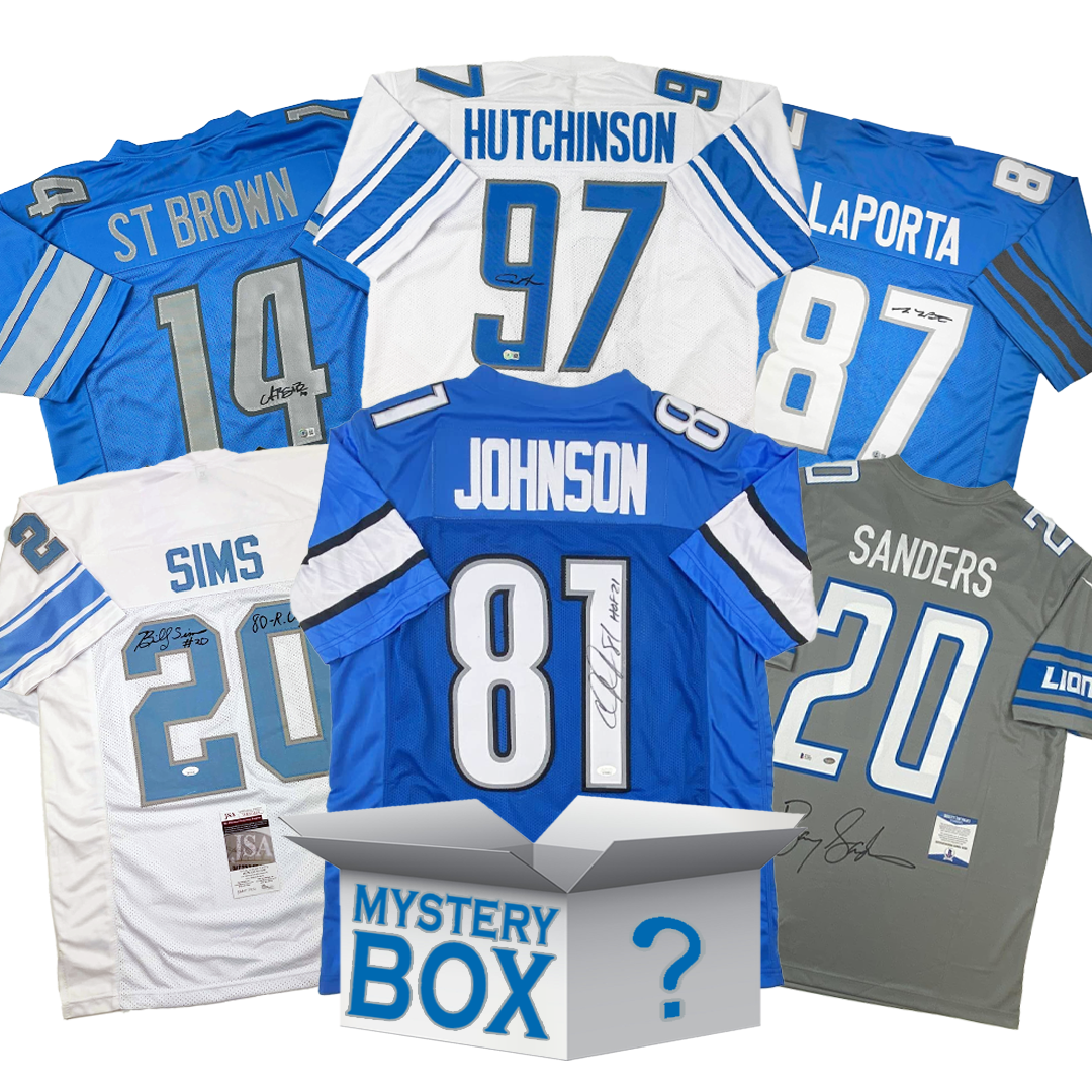 Caja misteriosa de camisetas de fútbol americano de Detroit autografiadas/firmadas con PSA JSA o Beckett COA 