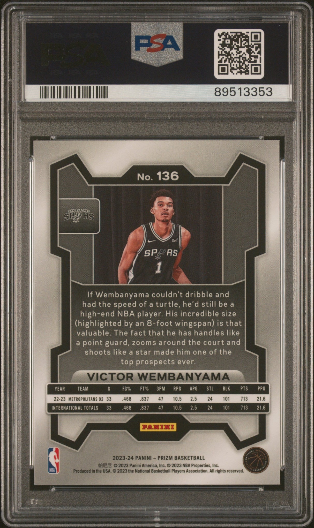 Tarjeta de baloncesto Panini Prizm Victor Wembanyama n.° 136 Rookie RC, clasificada en 2023, PSA 10 Gem Mint