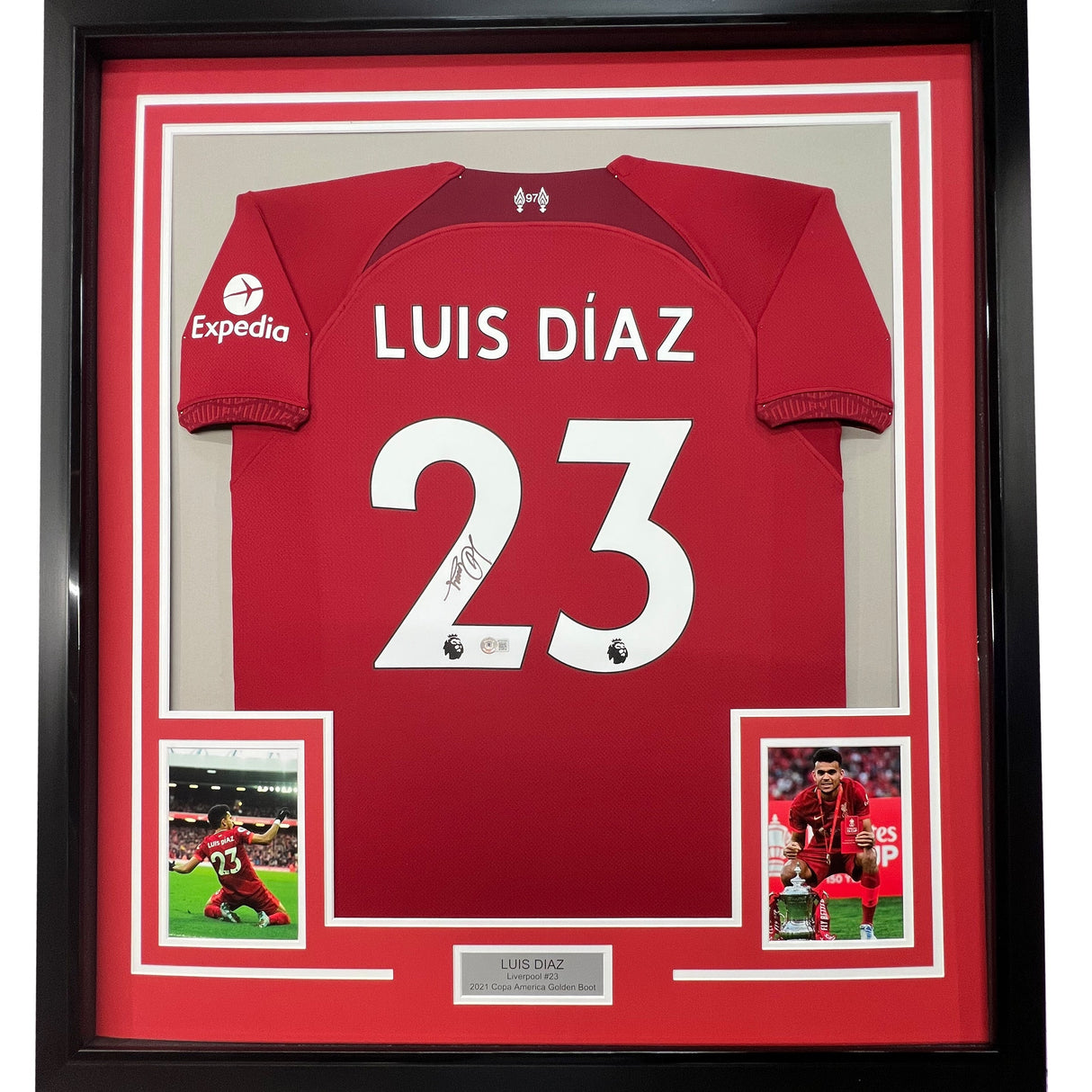 Camiseta de fútbol roja del Liverpool, enmarcada, autografiada y firmada por Luis Díaz, 35 x 39, Beckett BAS COA