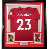 Camiseta de fútbol roja del Liverpool, enmarcada, autografiada y firmada por Luis Díaz, 35 x 39, Beckett BAS COA