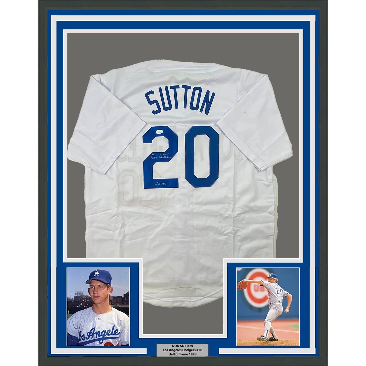 Camiseta de béisbol blanca de Los Ángeles LA, enmarcada, autografiada y firmada por Don Sutton, HOF 98, 35 x 39, JSA COA
