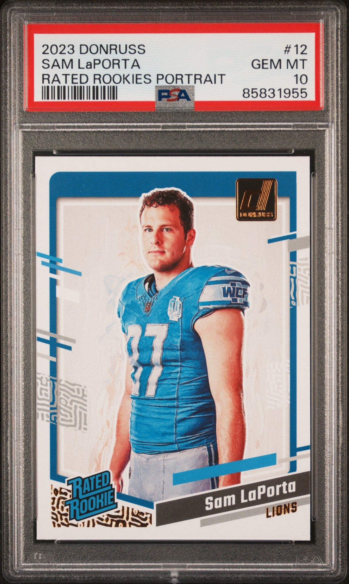 Tarjeta de fútbol de novato RC de Panini Donruss Sam LaPorta #12, clasificada en 2023, PSA 10 Gem Mint.