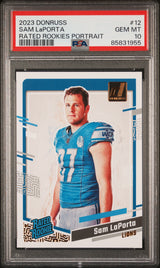 Tarjeta de fútbol de novato RC de Panini Donruss Sam LaPorta #12, clasificada en 2023, PSA 10 Gem Mint.