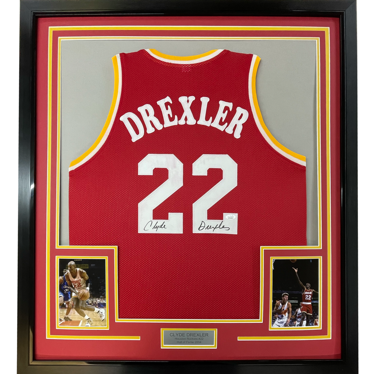 Camiseta de baloncesto enmarcada, autografiada y firmada por Clyde Drexler, 35 x 39, color rojo Houston, Beckett BAS COA