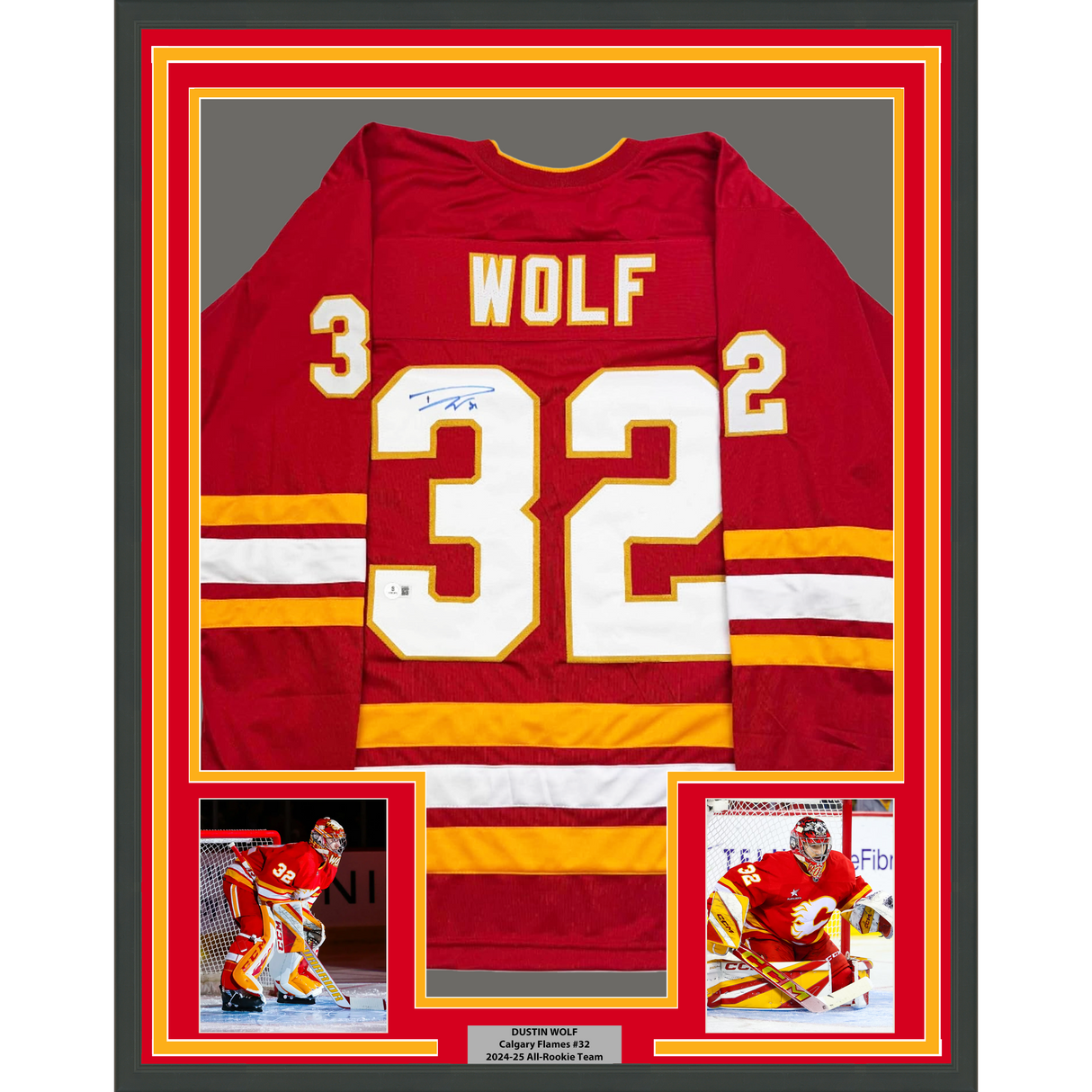 Camiseta de hockey roja de Calgary Beckett BAS COA, enmarcada, autografiada y firmada por Dustin Wolf, 35 x 39