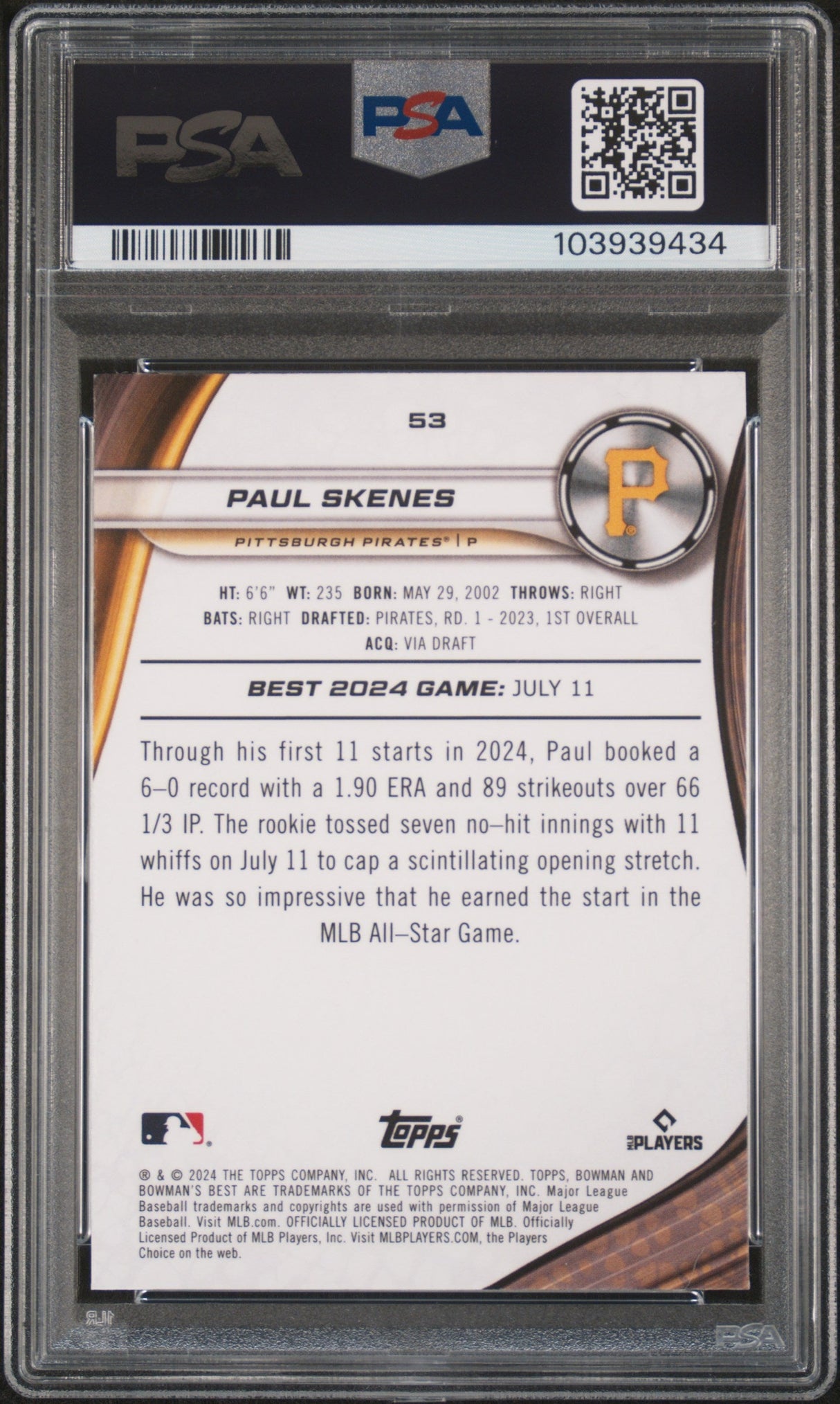 Tarjeta de béisbol Topps Bowmans Best Paul Skenes #53 Rookie RC de 2024, PSA 10 Gem Mint