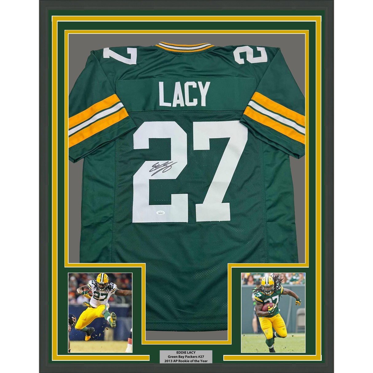 Camiseta de fútbol americano de los Green Bay Packers, enmarcada, autografiada y firmada por Eddie Lacy, 35 x 39, JSA COA