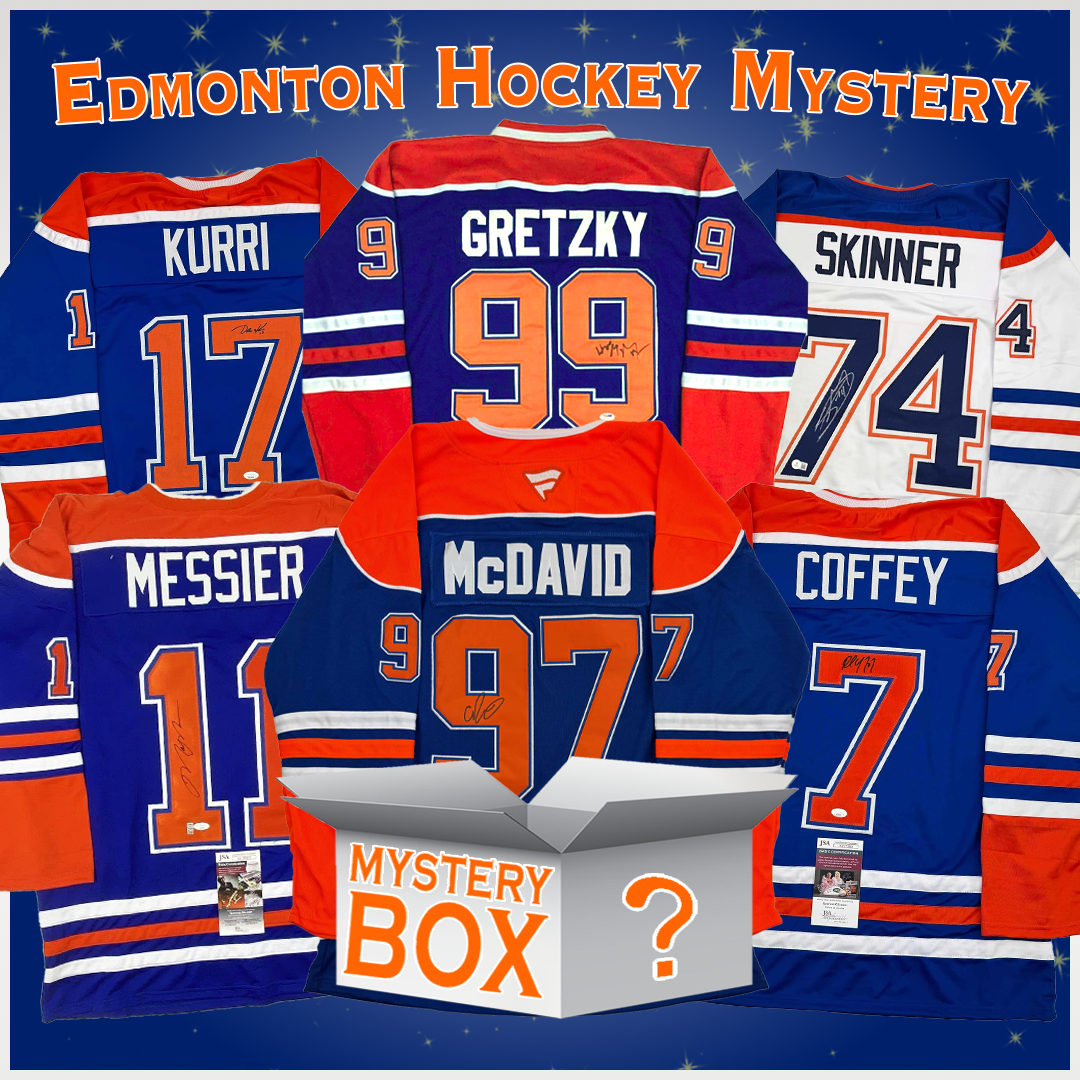 Caja misteriosa de camisetas de hockey de Edmonton autografiadas/firmadas con PSA JSA o Beckett COA 