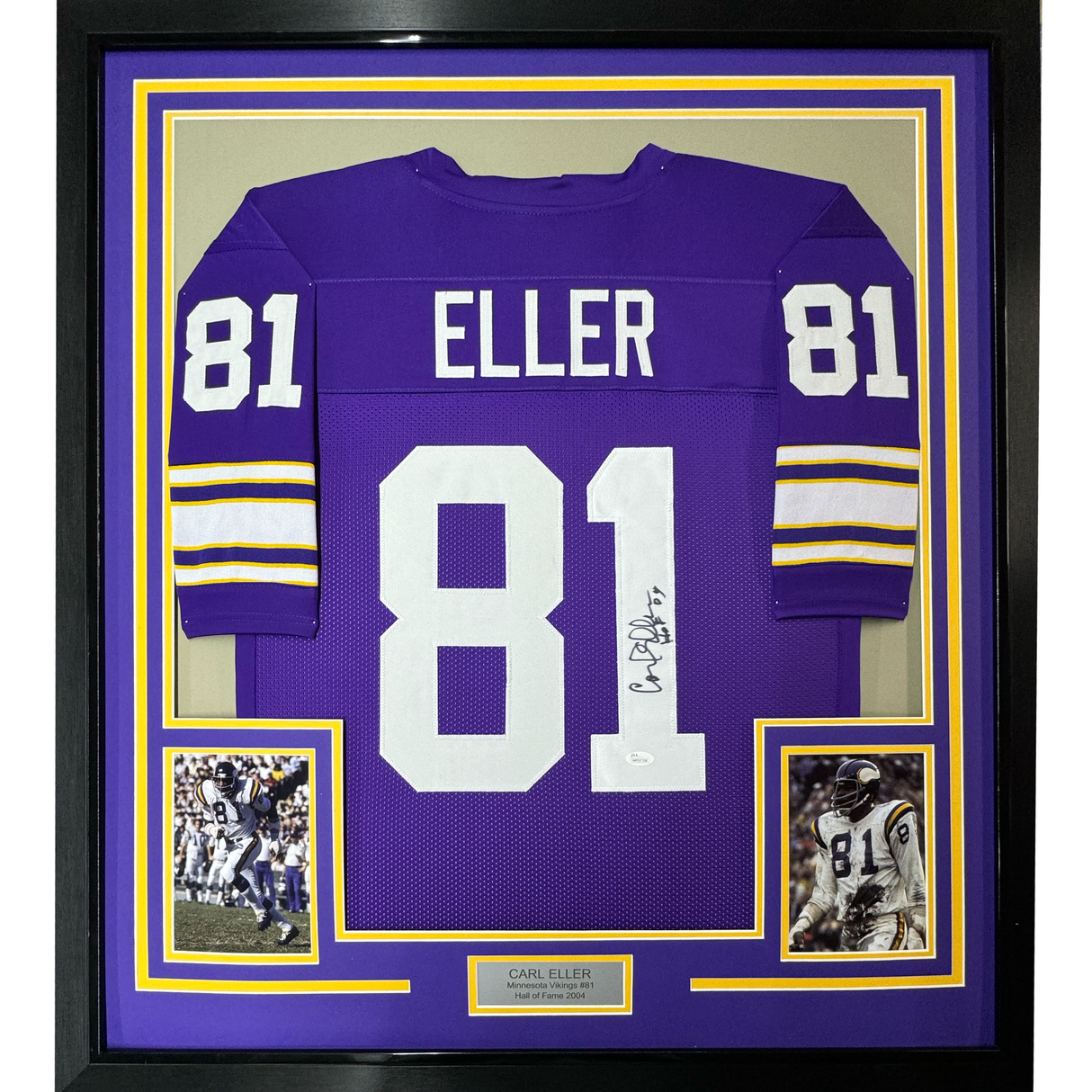 Framed Autographed/Signed Carl Eller HOF 04 35x39 Minnesota Vikings Purple Football Jersey JSA COA