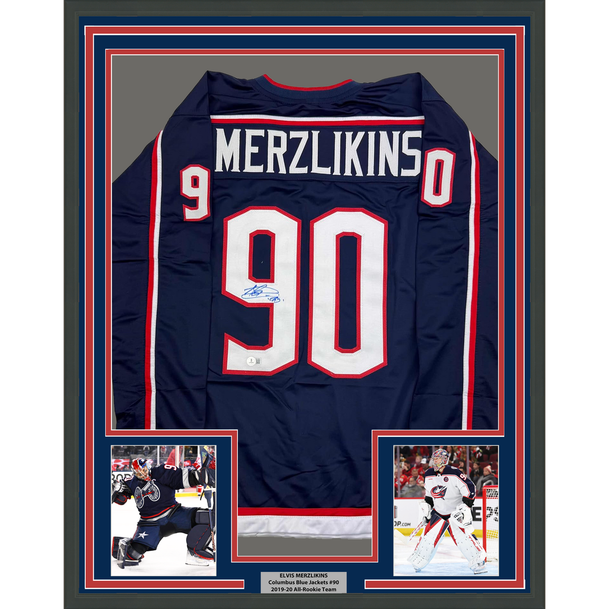 Camiseta de hockey azul de Columbus de 35 x 39, enmarcada, autografiada y firmada por Elvis Merzlikins, Beckett BAS COA