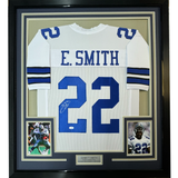 Framed Autographed/Signed Emmitt Smith 35x39 Dallas White Football Jersey JSA COA