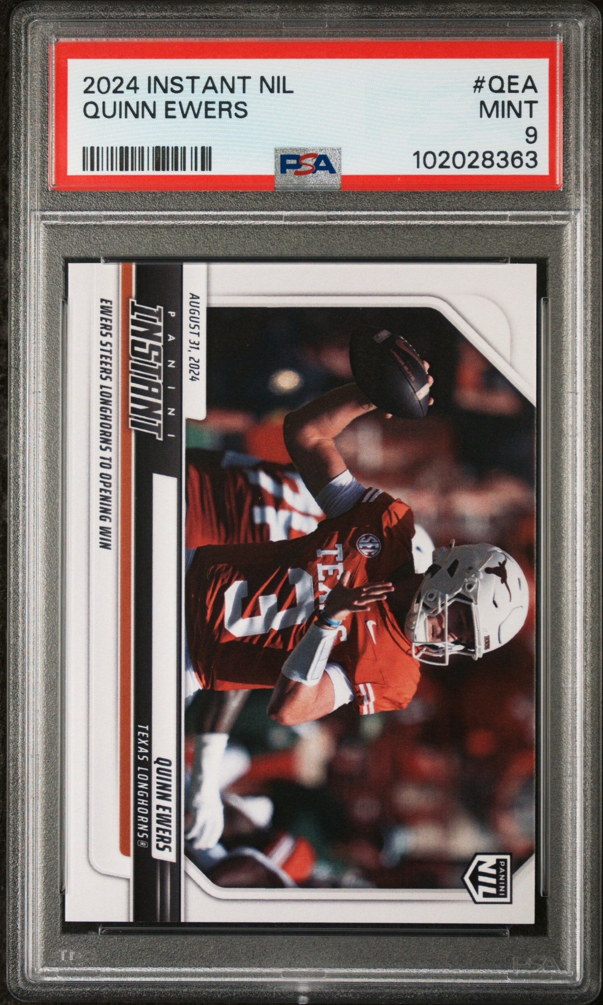 Tarjeta de fútbol RC Quinn Ewers #QEA Rookie de Panini Instant NIL 2024 PSA 9 Mint
