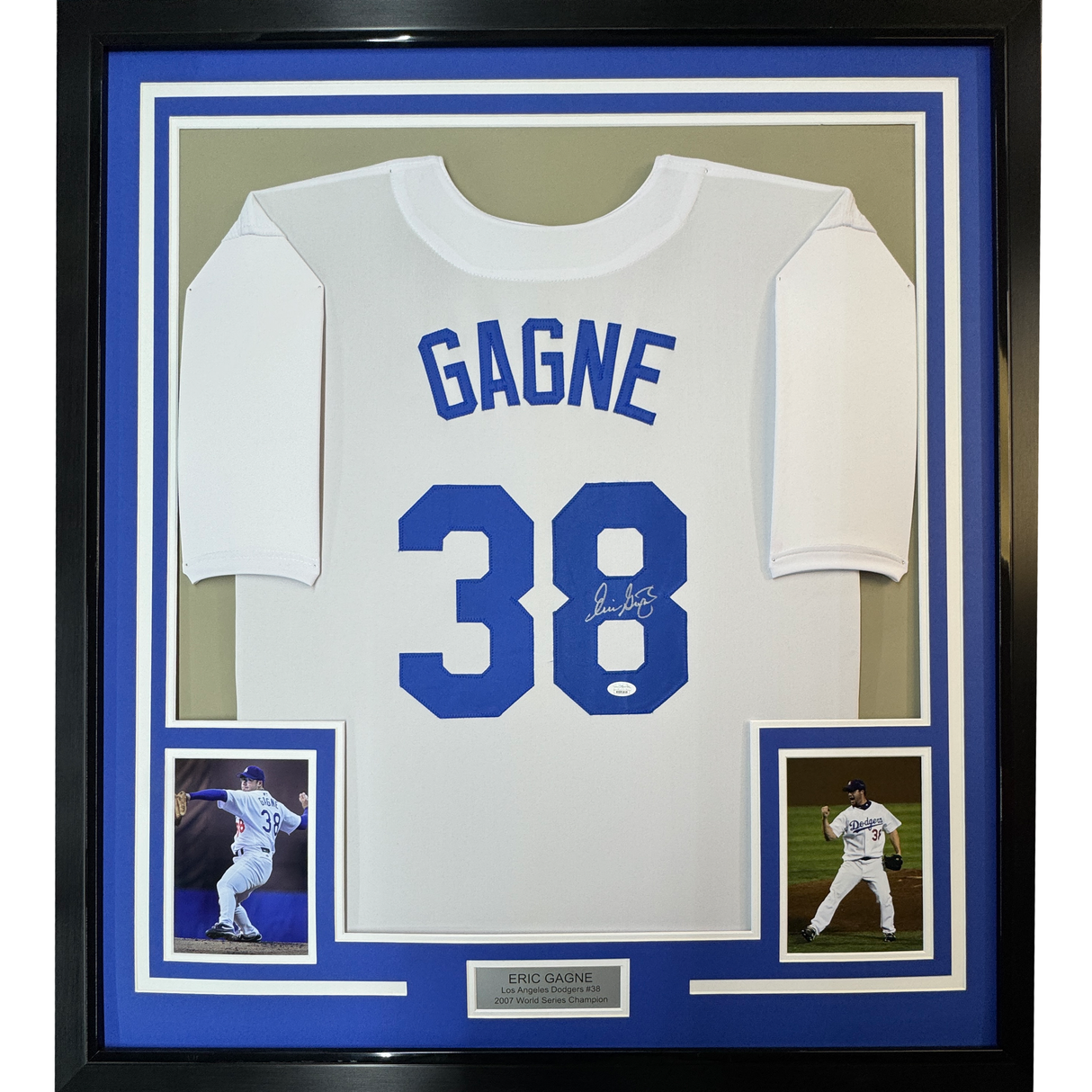 Camiseta de béisbol blanca de Los Ángeles LA, enmarcada, autografiada y firmada por Eric Gagne, 35 x 39, JSA COA