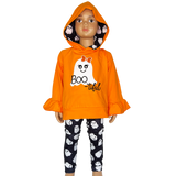 Girls Black & Orange Halloween Ghost Ruffle hoodie and Leggings Outfit