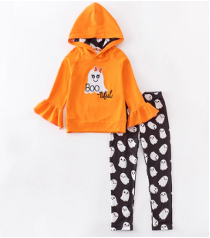 Girls Black & Orange Halloween Ghost Ruffle hoodie and Leggings Outfit