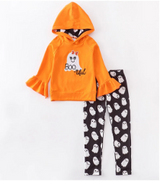 Girls Black & Orange Halloween Ghost Ruffle hoodie and Leggings Outfit