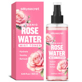 Spray à l'eau de rose biologique SilkySecret (250 ml) Spray à l'eau de rose pour le visage et les cheveux Brume hydratante pour le visage Tonique Eau de rose pour les soins de la peau