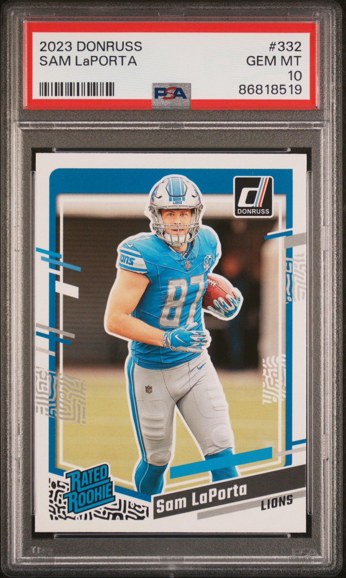 Tarjeta de fútbol RC de novato Sam LaPorta n.° 332 de Panini Donruss, clasificada en 2023, PSA 10 Gem Mint