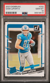 Tarjeta de fútbol RC de novato Sam LaPorta n.° 332 de Panini Donruss, clasificada en 2023, PSA 10 Gem Mint