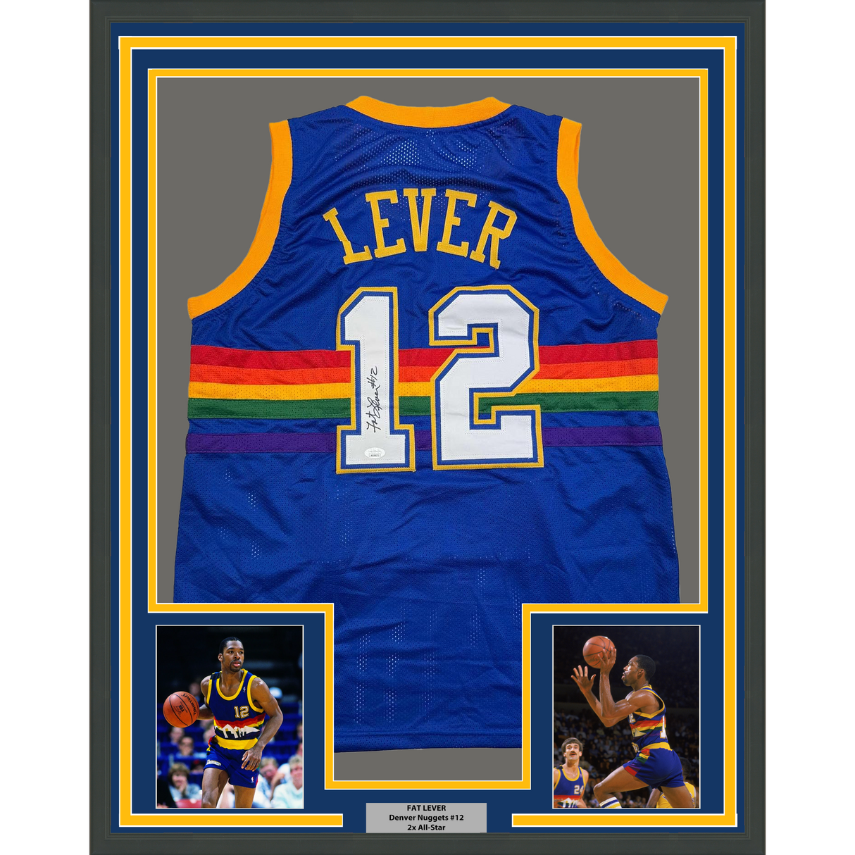 Camiseta de baloncesto retro azul arcoíris de Denver, enmarcada, autografiada y firmada por Fat Lever, 35 x 39, JSA COA