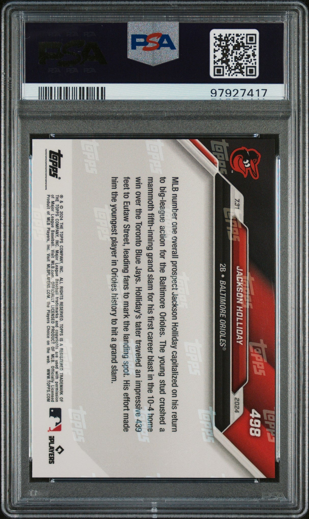 Tarjeta de béisbol de Jackson Holliday n.° 498, primer jonrón de la MLB, calificación Topps 2024, para novatos, RC, PSA 9 Mint