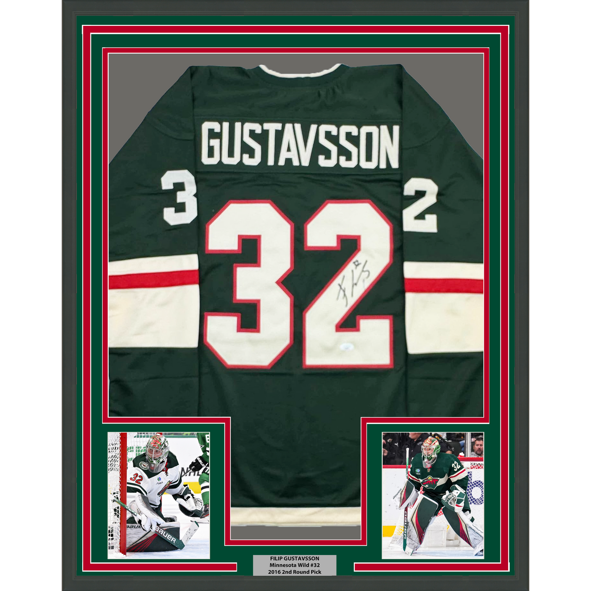 Camiseta de hockey verde de Minnesota de 35 x 39, enmarcada, autografiada y firmada por Filip Gustavsson (JSA COA)